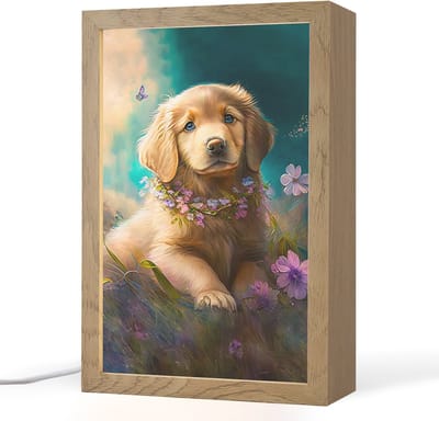 Nachtlampje 20x30 cm - Kinder lampje - Puppy - Bloemenkrans - Vlinder - Hond - Golden retriever - Tafellamp kinderkamer - Slaapkamer lamp - Bedlamp kinderen - Kinderlampje stopcontact - Wandlamp babykamer - Nachtlampjes