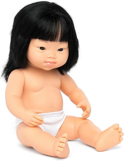 Aziatische babypop met Downsyndroom - Zacht vinyl, 38 cm, Inclusief transparante zak