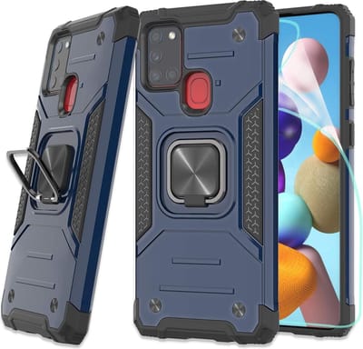 Hoesje Geschikt Voor Samsung Galaxy A21S Hoesje - Heavy Duty Armor hoesje Blauw Kickstand ringhouder met Magnetisch Auto Mount