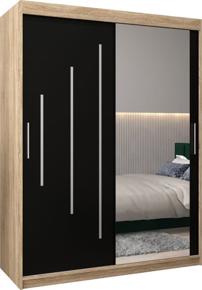 InspireMe - Kledingkast met 2 schuifdeuren, Modern-stijl, Een kledingkast met planken en een spiegel (BxHxD): 150x200x62 - MALTESE II 150 Sonoma Eik + Zwart Mat
