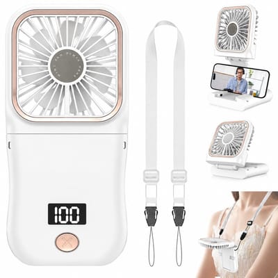 Handventilator en Nekventilator 3-in-1 - Opvouwbare Mini Ventilator met LED-Display - Krachtige USB Oplaadbare Tafelventilator - 3000mAh Zakventilator met Telefoonhouder - Holiday Essentials voor Reizen, Kantoor, Camping - Model 2026