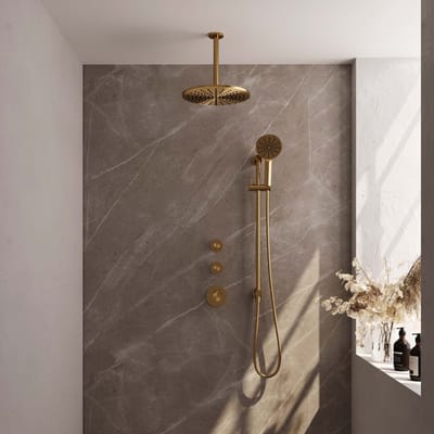 Brauer Gold Carving thermostatische inbouw regendouche SET 24 met 30 cm douchekop en plafondarm en 3-standen handdouche en doucheslang en geïntegreerde glijstang goud geborsteld PVD