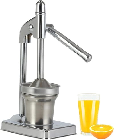 KZQ Handbediende Sapcentrifuge, Professionele Citruspers voor Sinaasappels, Citroenen, Grapefruits & Granaatappels, gemaakt van Robuust Gietijzer & Roestvrij Staal, Inclusief Beker, Vaatwasmachinebestendig - Zilver（Kunststof Handvat）
