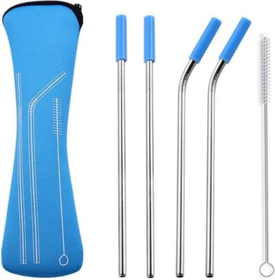 Fako Bijoux® - RVS Rietjes - Herbruikbaar -  4 Stuks - 2 x Recht & 2 x Gebogen - 21 cm - 1 Schoonmaakborsteltje - Neopreen Etui - Lichtblauw