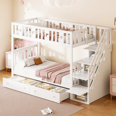 Sweiko Stapelbed - 90*200cm - Massief houten + MDF - Met opberg trap - 2 laden - Kinderbed - Lattenbodem - Wit