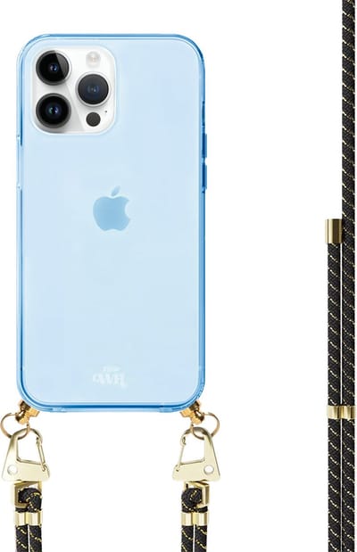 xoxo Wildhearts silicone case met koord - Blauw telefoonhoesje met koord - telefoonketting - Gold Goddess - Cord Case - geschikt voor Apple iPhone 12 Pro - Zwart koord met gouden accenten