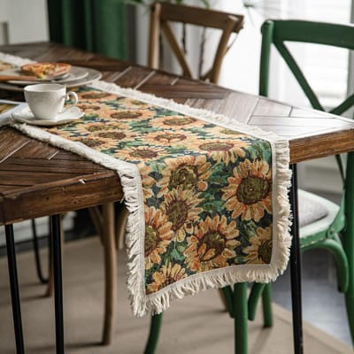Chemin de table en jute motif jacquard tournesol style américain avec pompons décoration chemin de table 30x120cm/11.8x47.2in jaune