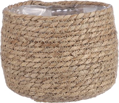 Mica Decorations Bloempot - rotan - beige - jute - 18 x 15 cm - Met plastic binnenkant