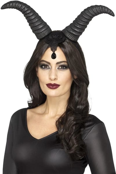 Halloween Haarband/diadeem met demonische grote hoorns - zwart - dames - queen