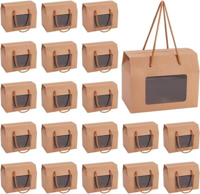Cupcake en Koekjesdoos met Duidelijk Venster en Handvat voor Verpakking, Feesten en Cadeaus - 20 Stuks Kraft Papier Geschenktassen 15x9 cm