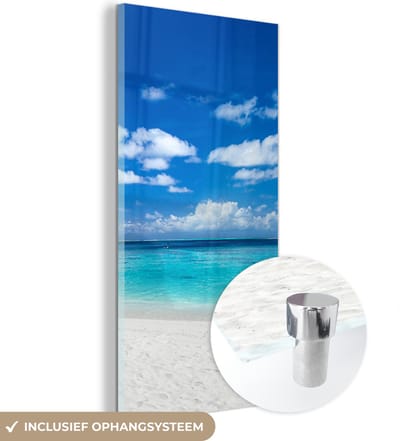 MuchoWow® Glasschilderij 60x120 cm - Schilderij acrylglas - Strand - Zee - Palmboom - Eiland - Foto op glas - Muurdecoratie woonkamer - Wanddecoratie slaapkamer - Schilderijen
