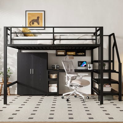 Komhtom Mezzaninebed Kinderbed 140x200 cm met kast planken opberg ladder bureau zwart