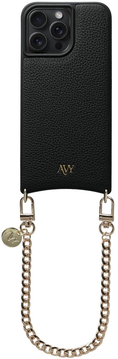 AVY Leren Hoesje Geschikt voor Apple iPhone 15 Pro Max | Compatibel met MagSafe | Leather Case met Telefoonkoord | Polsband | Zwart | Aurum Lien