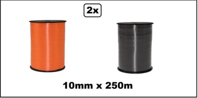 2x Krullint oranje en zwart 10mm x 250meter - krul lint thema feest decoratie kado kado gold verjaardag
