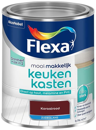 Flexa - Mooi Makkelijk Keukenkasten Zijdeglans - Koraalrood - Mengverf - 750 Ml