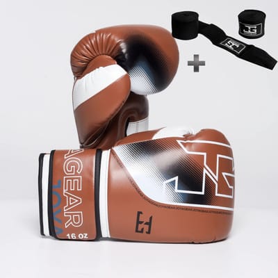 Joyagear Evolution Pro Bokshandschoenen – Bruin/Wit – 14 oz – Professionele Kickboks & Bokshandschoenen – Dames & Heren – Inclusief Bandage