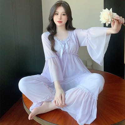 Prinsessenstijl Mesh Pyjama's Lange Mouw Pyjama Set Meisjes Zoete Huiskleding Lente Zomer Pyjama's Modal Shirts Broek Huiskleding 2XL gray