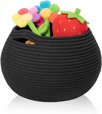 Kleine Wasmand, Opbergmand Gevlochten, Zwarte Wasmand, 25 x 21 cm, Rond, Vouwbaar, Multifunctionele Opbergoplossing voor Wasgoed, Handdoeken en Toiletpapier