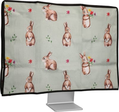kwmobile stoffen beschermhoes voor monitor - geschikt voor 24-26" Monitor - Afdekhoes van linnen - In wit / bruin / grijsgroen Konijntjes en Bloemen design