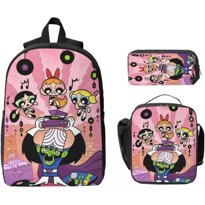 3 Stuks Powerpuff Meisjes Prints Schooltassen Set voor Kinderen Etui Rugzak Sets met Lunchbox Voor Schoolleerlingen Rugzak pink