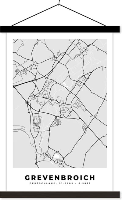 Posterhanger incl. Poster 40x60 cm - Schoolplaat - Plattegrond - Kaart - Grevenbroich- Duitsland - Stadskaart - Textielposter - Zwarte latten - Stadskaart