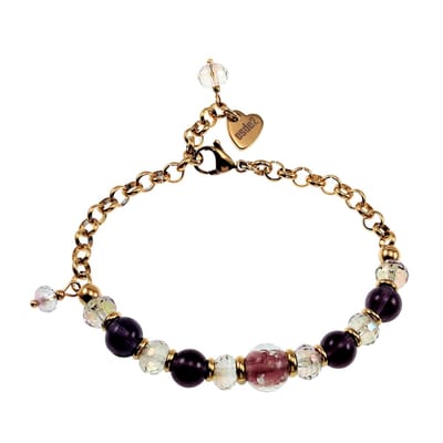 15cm tot 19cm Armband Dames - Verguld RVS - Ronde Schakelarmband met donkerpaarse Glaskralen en Lichtgevende Murano-Kraal