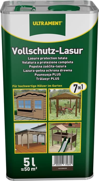 Ultrament 7-in-1 Volledig Beschermende Houtbeits, Walnoot, 5 Liter - Vochtbescherming, UV-bescherming & nanotechnologie - ideaal voor tuinhuisjes, gevels en meer. Uitgebreide bescherming voor buitenhout.