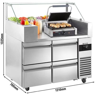 GGM Gastro Zubereitungstisch - 1210mm - 4 Schubladen - für 9x GN 1/6 - inkl. Kontaktgrill Zilver
