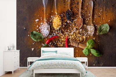 Behang - Fotobehang Lepels - Kruiden - Chilipeper - Specerijen - Zout - Breedte 360 cm x hoogte 240 cm