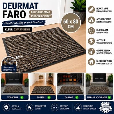 Wicotex - Deurmat - Schoonloopmat Faro - Afmeting 60x80cm - Kleur Zwart - Beige