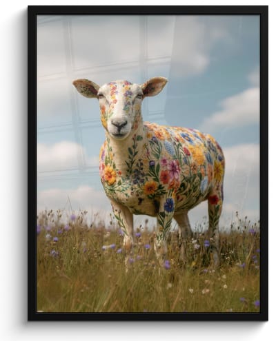 Poster in lijst - Fotolijst 60x80 cm - Posters - Schaap - Bloemen - Weide - Posterlijst zwart - Decoratie - Wanddecoratie woonkamer - Muurdecoratie slaapkamer
