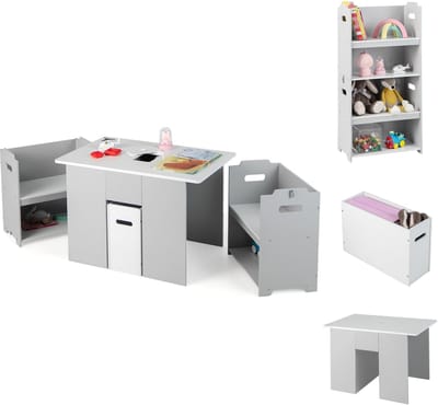 COSTWAY 3-delig kinderzitgroep, kindertafel met 2 stoelen, 4-in-1 activiteitentafel met opbergruimte en afneembaar deksel, multifunctionele kinderzitset voor peuters, grijs