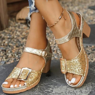 Gouden Glitters Enkelband Sandalen Dames Hoge Vierkante Hakken Zomerschoenen Vrouw Enkelband Glanzende Pailletten Gladiator Sandalen Mujer 43 43