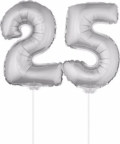 25 jaar leeftijd feestartikelen - versiering cijfers - ballonnen op stokje - van 41 cm - Combi van cijfer 25 - in het zilver