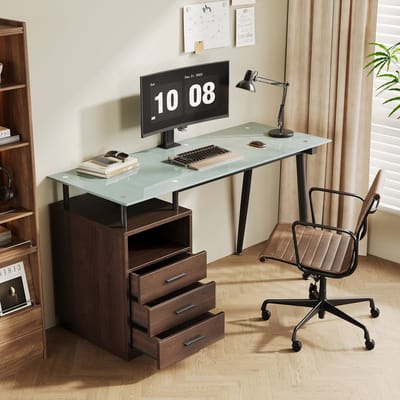 Bureau - 130x50x75 Cm Met Gehard Glas, 3 Laden En Open Vak - Bruin Met Zwarte Handgrepen - Modern Design