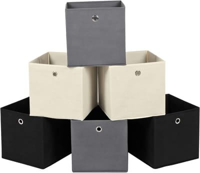 Famanu – Set van 6 opvouwbare stoffen opbergdozen – Kubusvormige organizers in grijs, zwart en beige