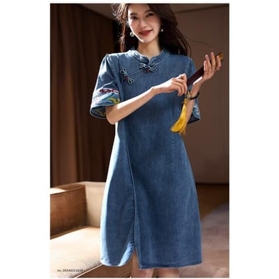 Temperament Gesp Denim Jurk Dames Lente Nieuw Korte mouwen Rok Nieuwe Chinese Dameskleding in grote maten L denimblauwe kleur