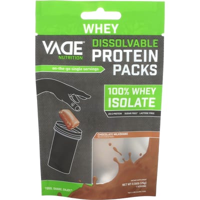 Vade Nutrition, Oplosbaar Eiwitpakket, 100% Wei-eiwitisolaat, Chocolademilkshake Smaak, 0,06 lb (25 gram)