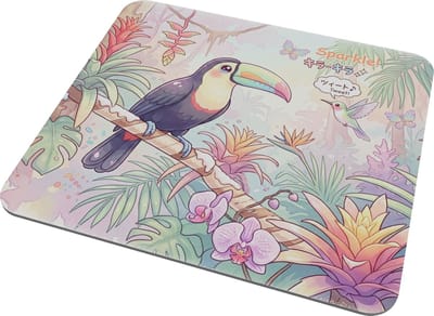 Kawaii Series Muismat Schattige Toekan en Kolibrie in Tropische Jungle met Bloemen - Japanse Anime Stijl Pastel Vogel Muismat voor Kantoor en Thuiswerkplek - Origineel Cadeau voor haar: Vriendin & Collega - Vrolijke Bureau Decoratie