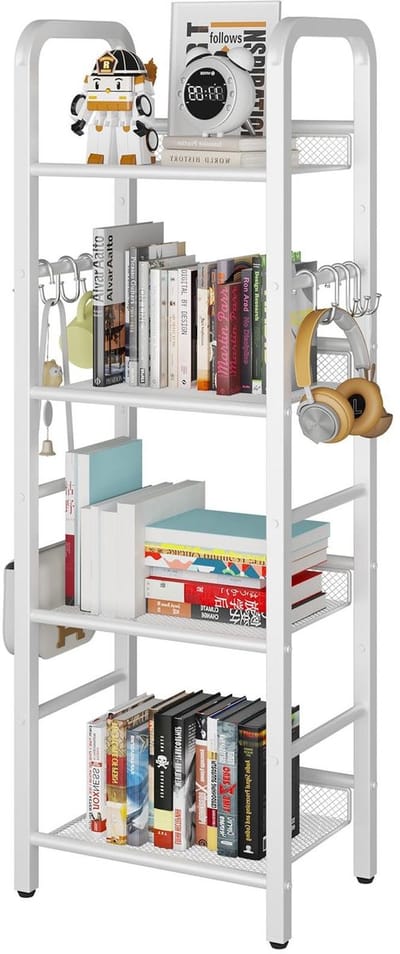 Dailygoods - YMYNY HBC054W Boekenkast, opbergrek met 4 niveaus, 8 stuks S-haken, metalen frame, vrijstaand, minimalistische stijl, organizer voor woonkamer, thuiskantoor, slaapkamer, badkamer, wit