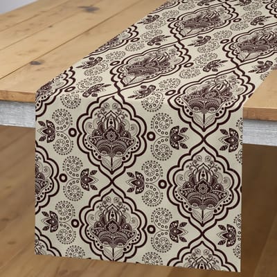 ABAKUHAUS Damast-tafelloper – Lotus-ontwerp – 40×180 cm – kastanjebruin en beige