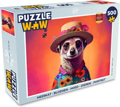 Puzzel Meerkat - Bloemen - Hoed - Dieren - Portret - Stokstaartje - Legpuzzel - Puzzel 500 stukjes