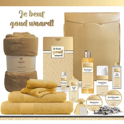 Geschenkset “Je bent goud waard!” - 13 producten - 1770 gram | Luxe Cadeaubox voor haar - Wellness Pakket Vrouw - Giftset Kerst - Cadeaupakket Collega Werknemer Vrijwilliger - Relatiegeschenk Cadeau- Gift Moederdag Moeder Oma - Kerstpakket Geel Goud