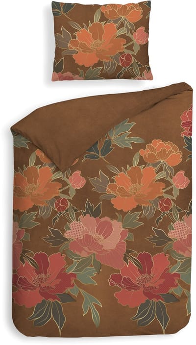 Heckettlane Dekbedovertrek Francesco - Bedlinnen met Bloemen print - 140x200-220 cm - Oranje - Dekbedovertrek van 100% Katoen-Flanel
