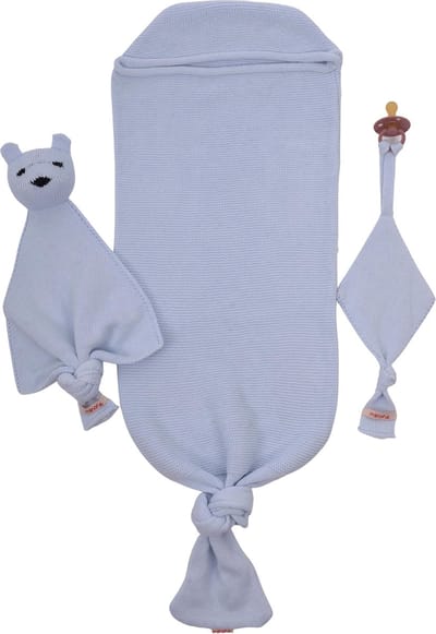 Minora Inbakerslaapzak Set 0/8 maand- Cocoon Teddy en Fopspeenhouder- Kraamcadeau Teddybeer – Slaapzak Baby Cocoon – Kraamcadeau Jongen – 3 Delig Newborn Set – Lichtblauw