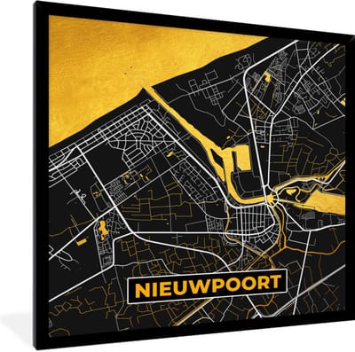Fotolijst incl. Poster - Plattegrond - Gold - Nieuwpoort - Stadskaart - Kaart - 40x40 cm - Posterlijst