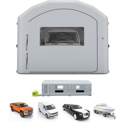 VEVOR Opblaasbare Spuitcabine 12x5x4 m Spuitcabine Verftent Grijs, met 950W & 1100W Blowers, Actieve Koolstoffiltratie, Kleedruimte, PVC Ramen voor Zware Pick-ups & Bestelwagens, Draagbaar