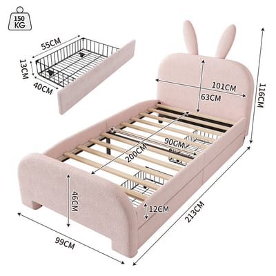 Gutent Kinderbed, Roze(Zonder matras), Twee laden, Plat bed 90x200 cm, Bekleed met schapenwol, in de vorm van een cartoonkonijn