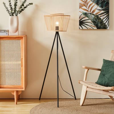 EGLO Hykeham Vloerlamp - Vloerlamp - E27 - 129,5 cm - Driepoot - Staal|Bamboe - Zwart|Bruin