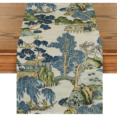 Vintage Chinoiserie Berg Huis Bomen Linnen Tafelkleed Keukentafel Decor Herbruikbaar Keuken Eettafelkleed Feest Decor 150x33cm